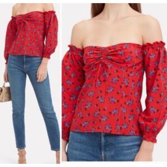 INTERMIX Nicola Off Shoulder Top US 4 Night Out Date Floral Romantic Red - Picture 3 of 7